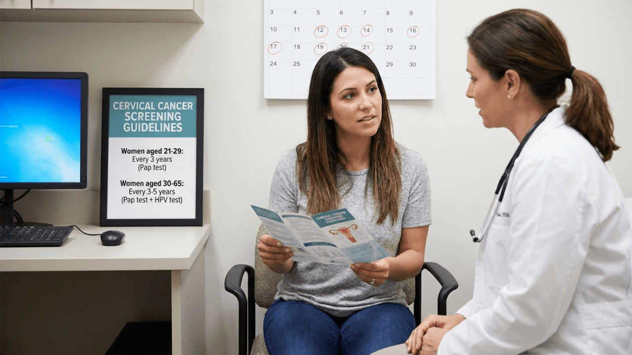 Pap smear frequency guidelines infographic – recommended screening intervals for women by age and risk factors