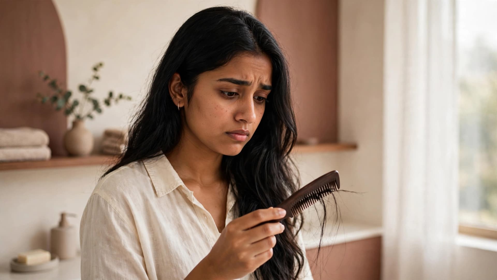 Woman checking hair fall on a comb while following natural hair care tips