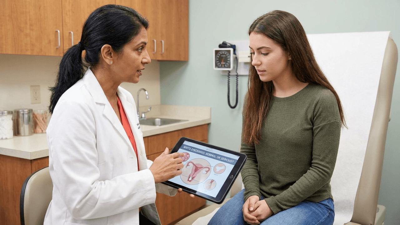 White discharge in women infographic – normal vs serious signs and symptoms